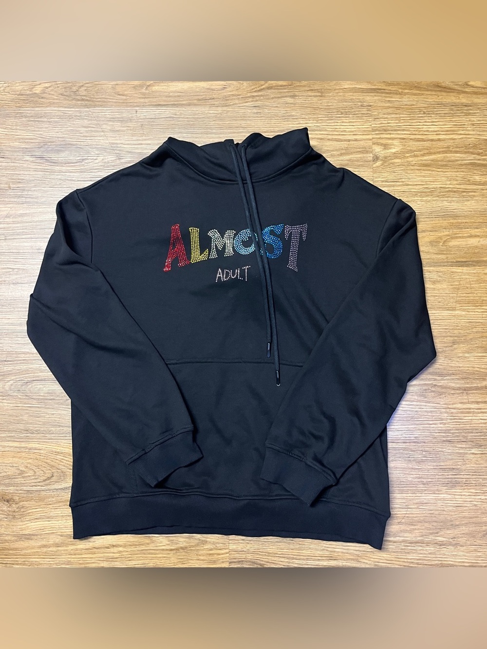 Black Hoodie with Colorful 'ALMOST Adult’ Rhinestone Rainbow Logo Pride Size L